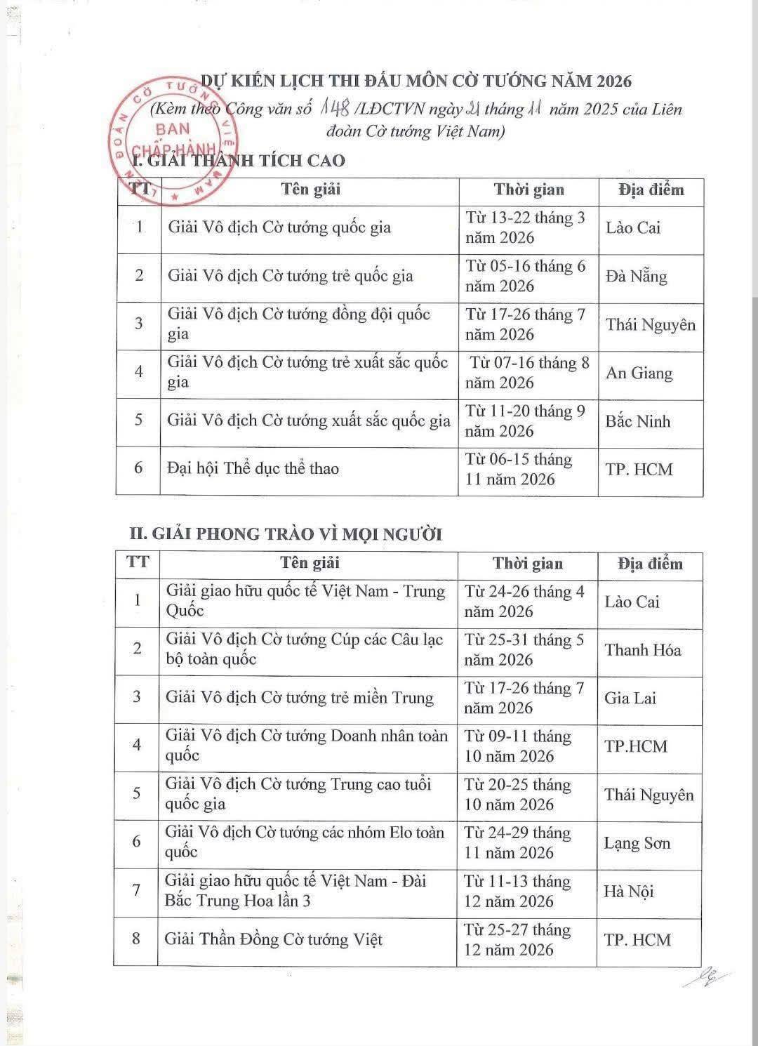 Lịch thi đấu cờ tướng 2026