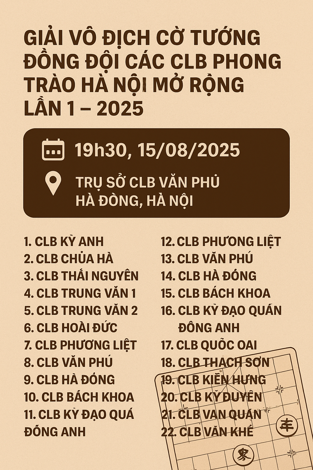Giải vô địch cờ tướng đồng đội các clb phong trào hà nội 2025
