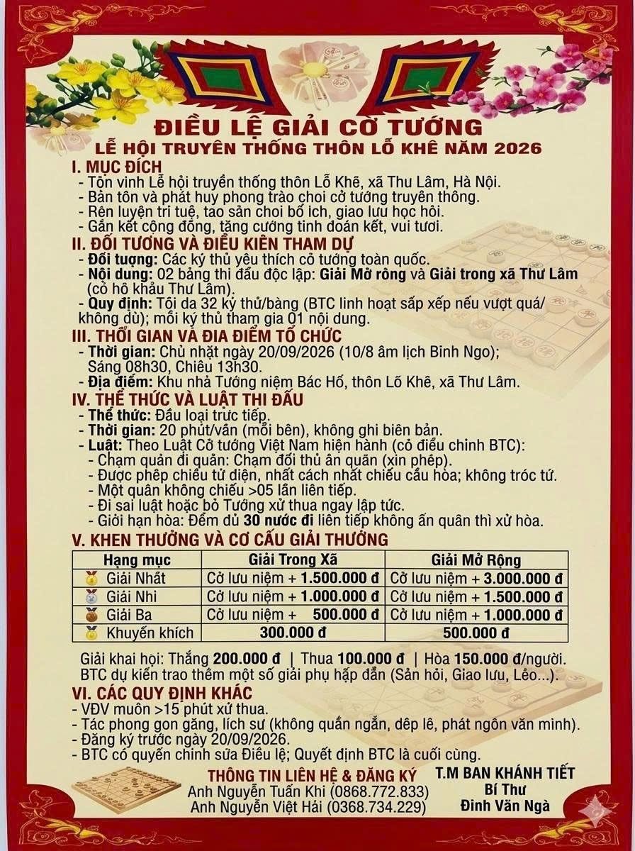Giải Cờ Tướng Lễ hội truyền thống thôn Lỗ Khê năm 2026: Kỳ thủ khắp nơi hội tụ tranh tài